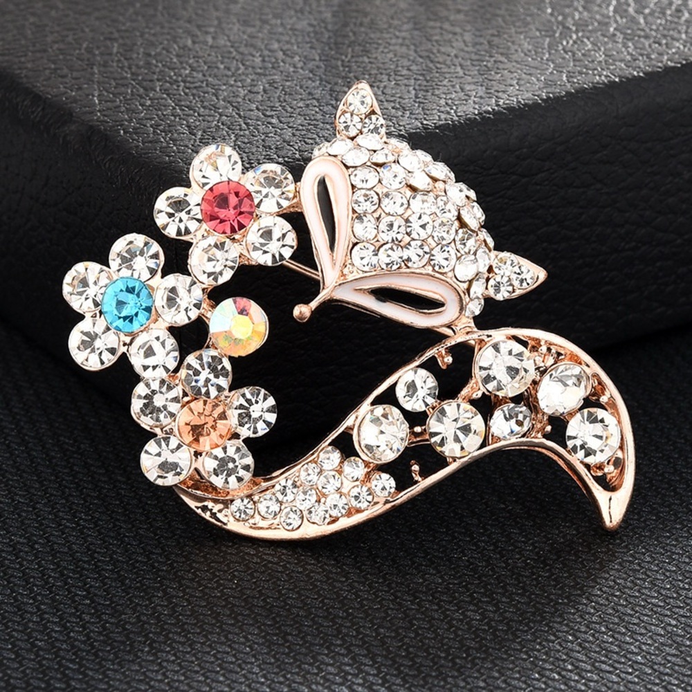 Rhinestone Fox Brooch Rose Gold Tone Crystal Fox Pin Cute Animal Jewelry